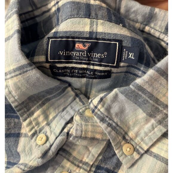 Vineyard Vines Classic Fit Whale Shirt‎ Men's Sz XL Cotten Linen Blue Plaid - Picture 3 of 9